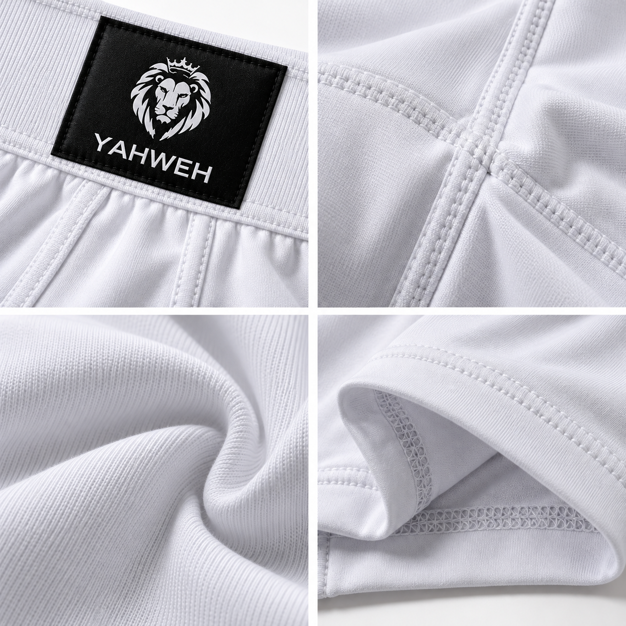 Detalhes da cueca boxer Yahweh: tecido, etiqueta bordada e costuras